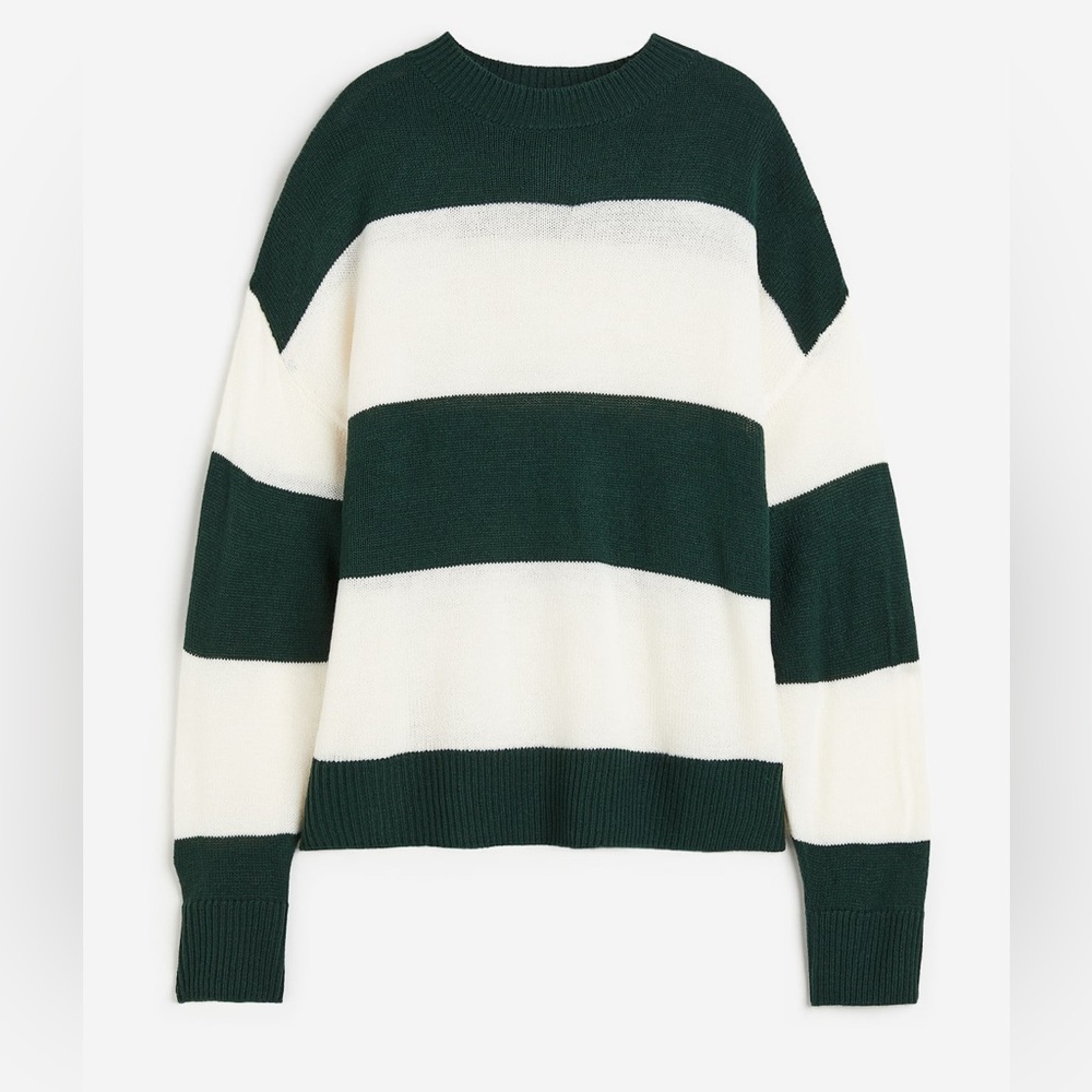 H&M Men's Black and Cream Striped Sweater Size Medium